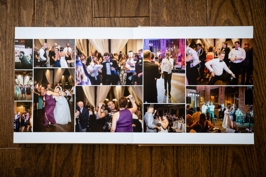 photo of a spread with photos from a wedding reception on a wedding album