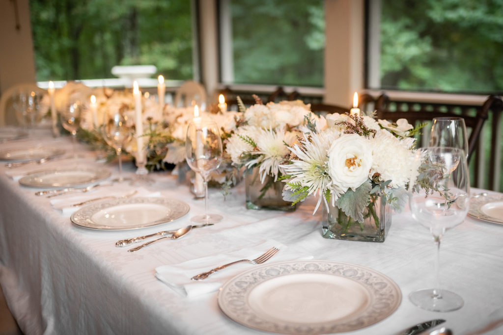 Reception table florals at intimate, backyard wedding in Marietta GA