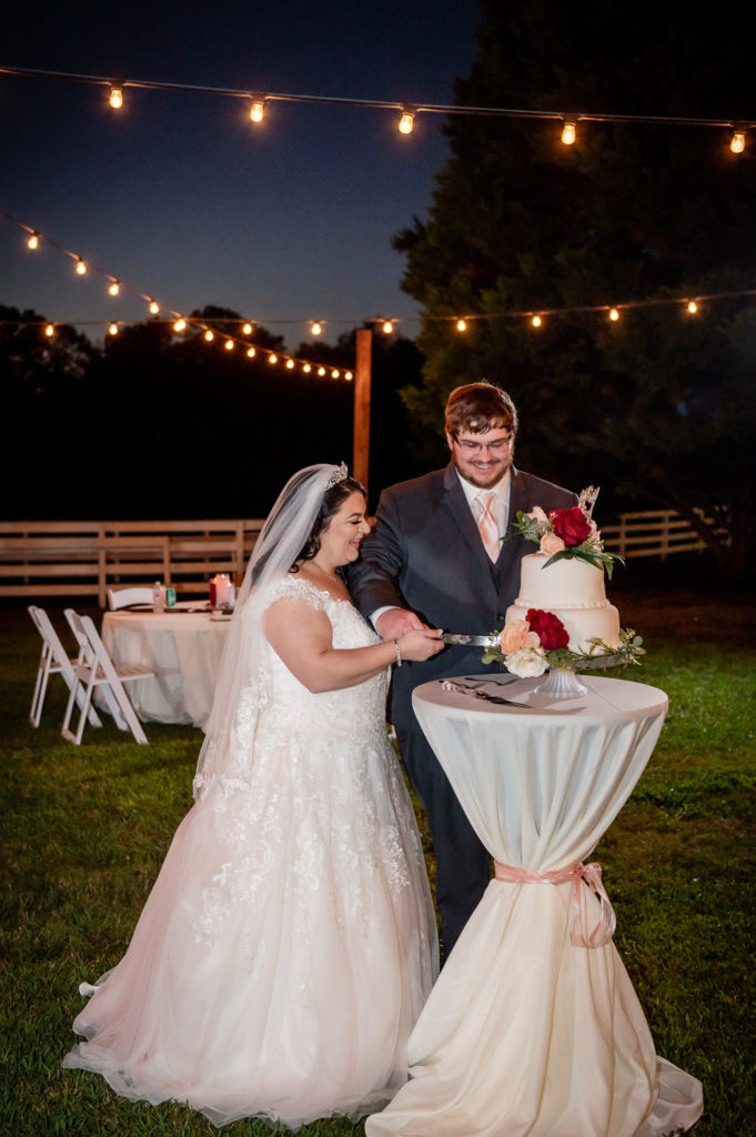 Bride and groom cutting the cake under the stars at wedding at The Gavi Estate and Barn in Forsyth GA