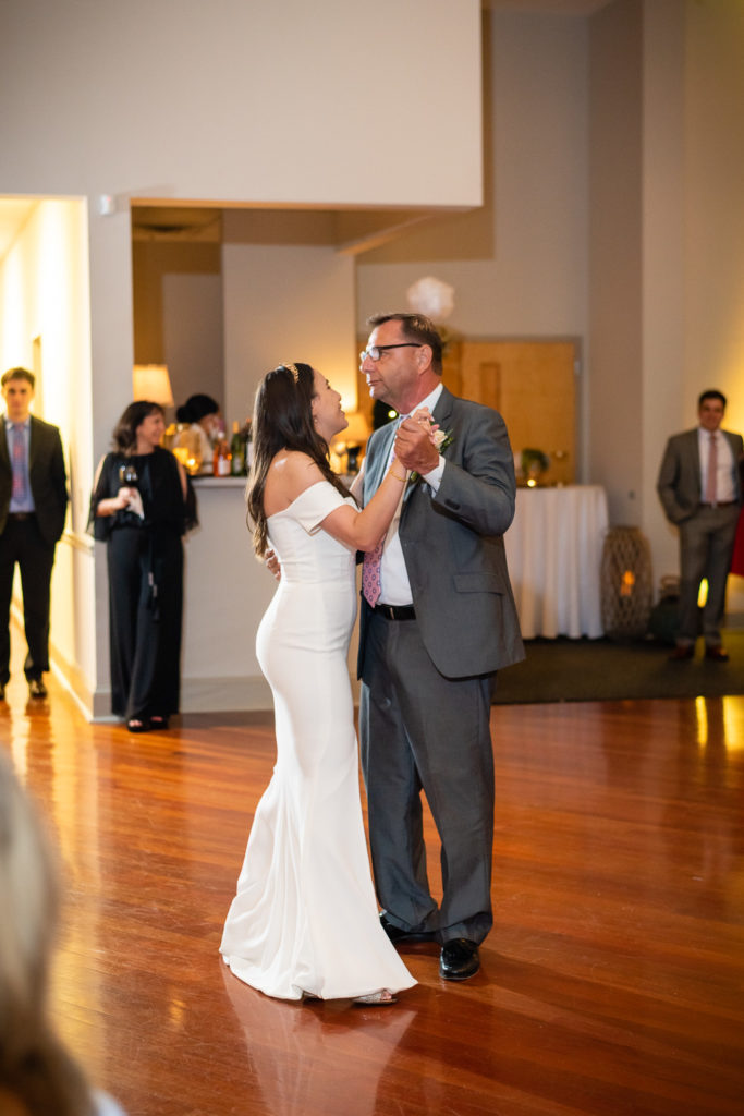 bride and father of the bride dancing at reception on the wedding day at The Hudgens Center for Art and Learning in Atlanta Georgia
