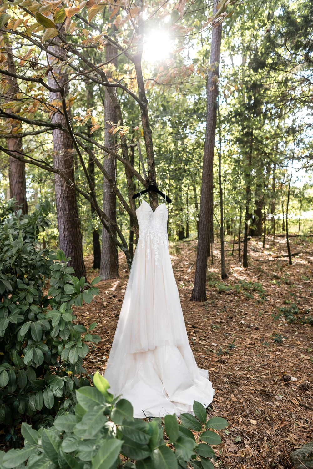 Wedding dress in woods at wedding at The Gardens at Kennesaw Mountain in Atlanta Georgia